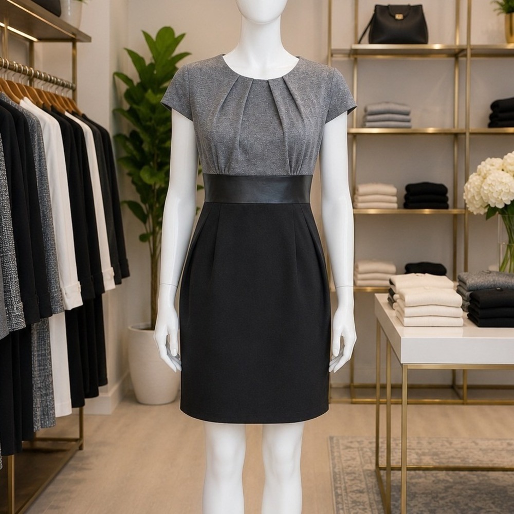 Metaphor Women Sheath Dress Gray Black Pleated Faux Leather Waist 6